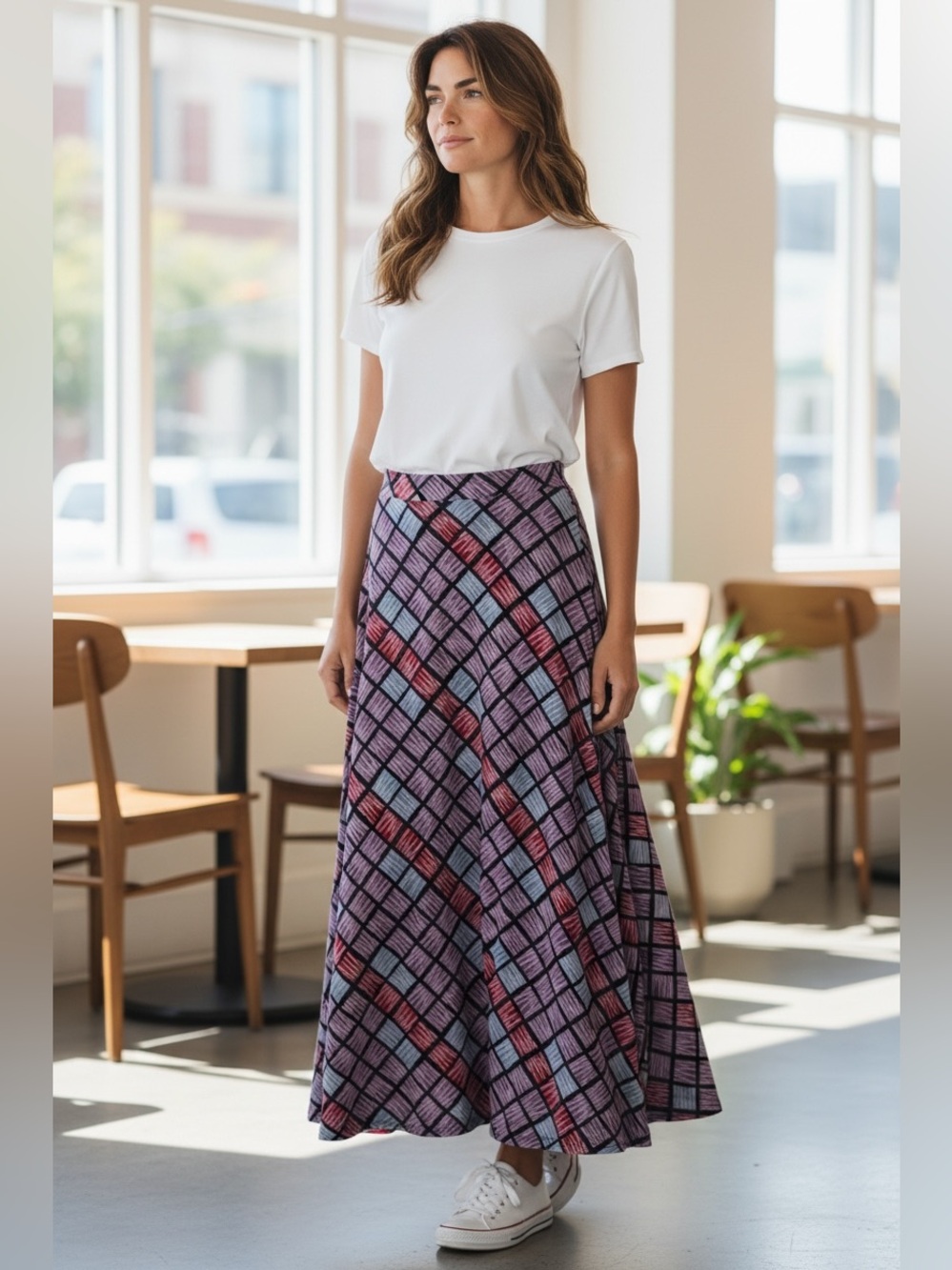 Flowing A-Line Printed Maxi Skirt in Purple Plaid
